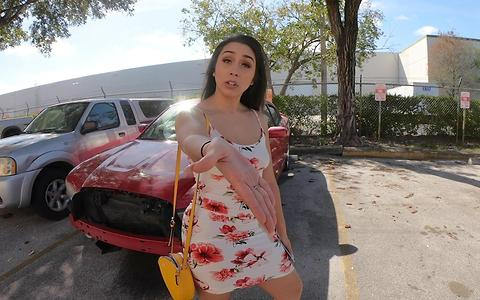 Lilly Hall totals her car and fucks the mechanics dick for a favor